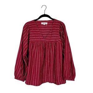 Madewell Swingy Peasant Top in Metallic Stripe V-Neck Red Cotton Size Small